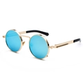 Retro steampunk round sunglasses with gold metal spring temples and light blue lenses - Gold Frame Blue Mirror