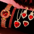 Elegant 5-piece women's quartz watch set with red crystal heart necklace and gold bracelets - Red Diamond Heart 5-Piece Set / Gold/Red