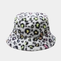 Winter fluffy bucket hat with vibrant colorful leopard print on white faux fur - M / Rainbow Small Leopard White