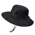 Black outdoor sun hat with geometric stone print, wide brim, and mesh side panels - Black