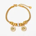 Gold stainless steel snake chain bracelet with crystal beads and tree of life charms - Gold