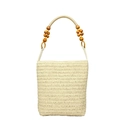 Borsa a mano in paglia intrecciata beige con manici in perline di legno per look da spiaggia - Bianco Sporco