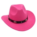 Detail of bright pink cowboy hat featuring black leather band and silver metal studs - Woven Band Style / Rose Red