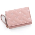 Pink minimalist PU leather tri-fold wallet for women with white embroidered heart patterns - Pink
