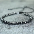 Men's adjustable braided bracelet with faceted dark grey hematite stone beads - Hematite Chips Woven Adjustable Bracelet