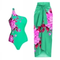 Detailed flat lay of floral print one-shoulder bikini and matching wrap skirt set - S / One Shoulder One Piece Set
