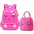 Pink quilted school backpack and lunch bag set for girls with cute cat patterns - 2PCS Set (Backpack + Lunch Bag) / Large Rose Red