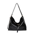 Large black leather hobo bag with gold hardware and slim straps on a white background - Black