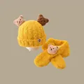 Winter thermal knit bear ear hat and scarf set for toddlers in bright yellow color - Set Of Three Yellow Bears (for Ages 2 Months To 2 Years)