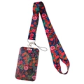 Floral print lanyard and badge holder set with dark blue base and metal lobster clasp - KP204-13 Navy Floral Card Holder Set