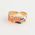 Adjustable gold plated open ring featuring multi-colored enamel leaves and cubic zirconia - Adjustable Open / Colorful Feather No. 1