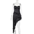 Detailed view of the irregular ruffled hem and glossy black satin texture of the dress - S / Black