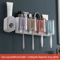 Wall-mounted toothbrush holder with four colorful cups and toothpaste dispenser - 4-Cup Set + Gray Dispenser