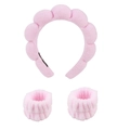 Pink plush spa set with cloud sponge headband and soft absorbent wristbands for washing face - Three-Piece Set / Pink
