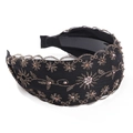 Black wide headband with gold floral embroidery and sparkling crystal rhinestones - Black - Rhinestone Flower