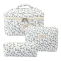 3-piece quilted cotton floral makeup bag set with blue flowers on white fabric - Blue Peacock Flower