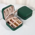 Portable dark green faux leather jewelry travel box with square zipper design - With Mirror Style / Dark Green