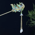 Vintage goldene Phönix Haarnadel mit grünem Emaille Dekor und Perlen Quasten für Hanfu - Goldene Filigran-Emaille Phönix Künstliche Perle Quaste (1854)