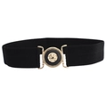 Women's black elastic wide waist belt with a golden round buckle on white background - EL226 Black (Round Black Gold Buckle)