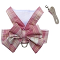 Close-up of pink plaid pet harness vest and leash set with mesh and bow detail - Dark Pink Vest Set