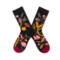 Close-up of knit socks with colorful floral patterns, squirrel and bird motifs on black - One Size / Squirrel