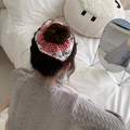 Detail of red and white plaid hair scrunchie with floral lace on a bun hairstyle - Checkered Flower