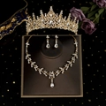 Elegant bridal jewelry set with golden crown, necklace, and earrings in blue gift box - Gold Style (ZUHE-025G)