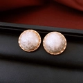 Macro shot of gold-plated cotton pearl stud earrings with vintage pleated metal texture - Real Gold Plated Beige Wrinkled Round (Silver Pin)