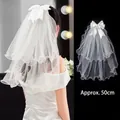 Short double-layered bridal veil with satin bow and lettuce edge, 50cm length for wedding - Double Layer Lettuce Edge Bow (Approx. 50cm - Hair Clip Style) / White