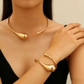 Exaggerated gold cuff bracelet and necklace set featuring droplet charms on open bangles - Bangle + Choker (75) / 2-Piece Set (Water Drop Decor) / KC Gold