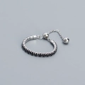 Adjustable S925 sterling silver ring with micro-paved black stones and draw-string chain - Adjustable Open / White Gold (Black Stone)