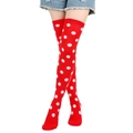 Vista detallada de los calcetines altos rojos con diseño de patrón de lunares blancos - Talla única / Rojo con puntos blancos