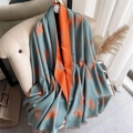 Double-sided ginkgo leaf cashmere scarf with grey-blue and orange patterns and tassels - Sky Blue