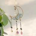 Golden crescent moon suncatcher with light blue amethyst stones and crystal prisms - M11-Amazonite
