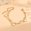 Double-layered golden stainless steel bracelet with three white heart-shaped shell charms - Gold White Shell Bracelet (A717)