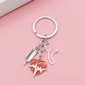 Medical keychain with syringe, stethoscope, and red heart pendant for nurses and doctors - EKG Alloy Style Keychain