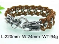 Brown braided leather dragon head bracelet with silver chain and punk style buckle - Brown Dragon Style (KB42970-D)