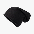 Bonnet femme noir chaud en laine tricotée style slouchy avec bord roulé hiver - Taille unique / Noir