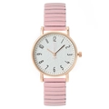 Women's quartz watch with pink elastic metal band and rose gold case on white background - Pink