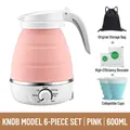 Pink 600ml folding electric kettle kit with storage bag, descaler, and cyan cups - Knob Style - 6-piece Set (pink) / European Standard Plug (in Stock) 220v