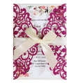 Laser cut rose red glitter wedding invitation with white ribbon and floral insert card - Fuschia