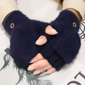 Gants sans doigts en peluche bleu foncé avec rabat et boutons vintage métalliques - Noir