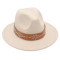Detailed view of beige wool fedora hat featuring a brown leather studded band decoration - M (56-58cm) / Off White