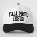 Close-up of Y'ALL NEED JESUS embroidery on a two-tone cotton baseball cap - Adjustable / White and Black Splicing