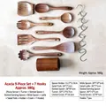 17-piece acacia wood kitchen utensil set with storage bucket and metal S-hooks - Confusa Acacia 9-Piece Set with 7 Hooks / Approx. 980g