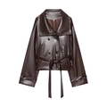 Korte double-breasted kunstlederen trenchcoat in donkerbruin met riem voor dames - S / Bruin