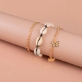 Bohemian gold butterfly and shell bracelet set with three multi-layer beaded chains - KC Gold Shell Butterfly Bohemian Style (DZ-155)
