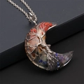 Moon shaped tree of life pendant necklace with colorful natural gemstones and silver wire - Chakra Gravel Moon Pendant-Stainless Steel Chain