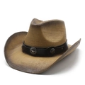 Klassischer Western-Cowboyhut aus Stroh mit Farbverlauf und silbernen Sternen-Lederband - Khaki-Braun-Verlauf