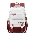 Minimalist white and burgundy student backpack with cute cartoon pendant and buckle details - White Red